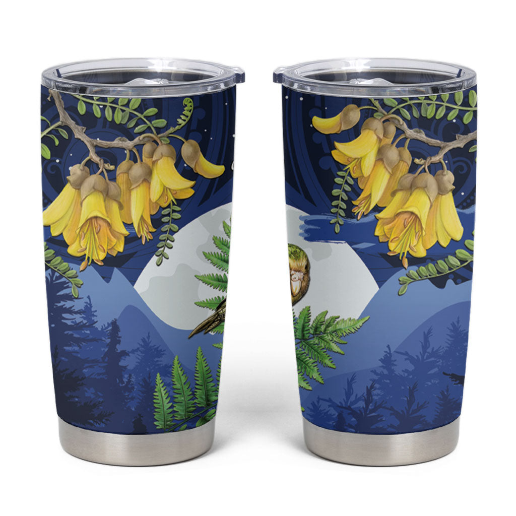 Kakapo New Zealand Personalised Tumbler Cup Kowhai Flower Silver Fern Maori Pattern