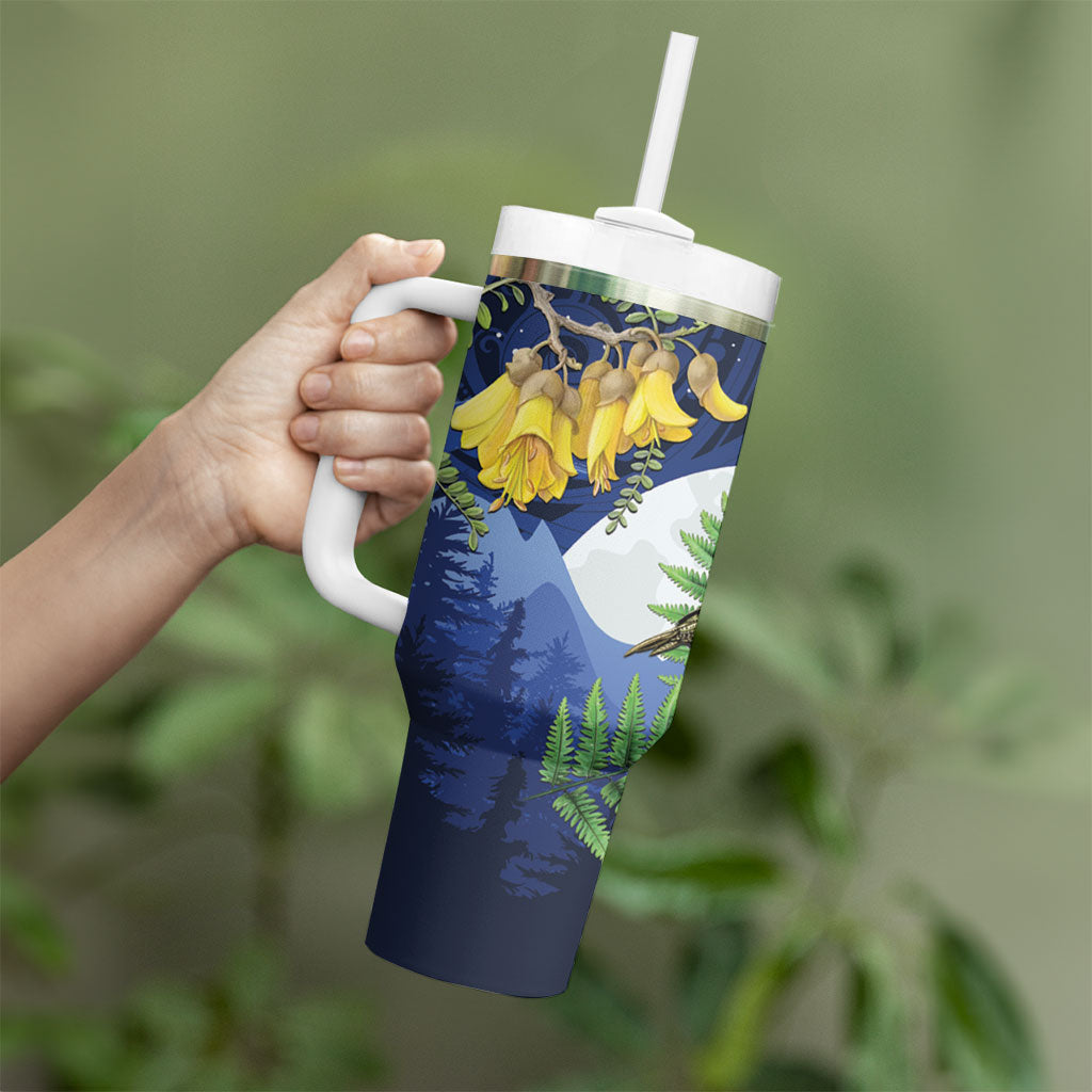 Kakapo New Zealand Personalised Tumbler With Handle Kowhai Flower Silver Fern Maori Pattern