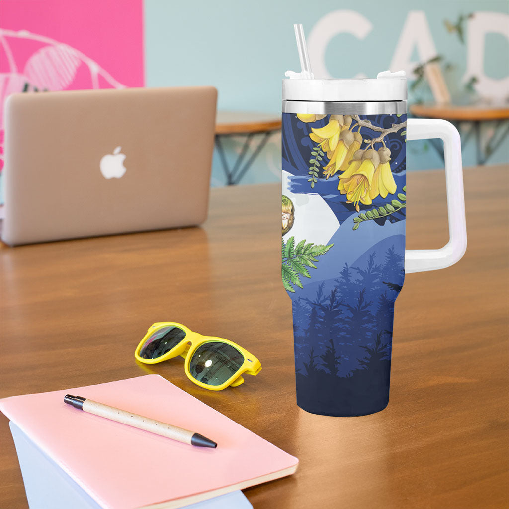 Kakapo New Zealand Personalised Tumbler With Handle Kowhai Flower Silver Fern Maori Pattern