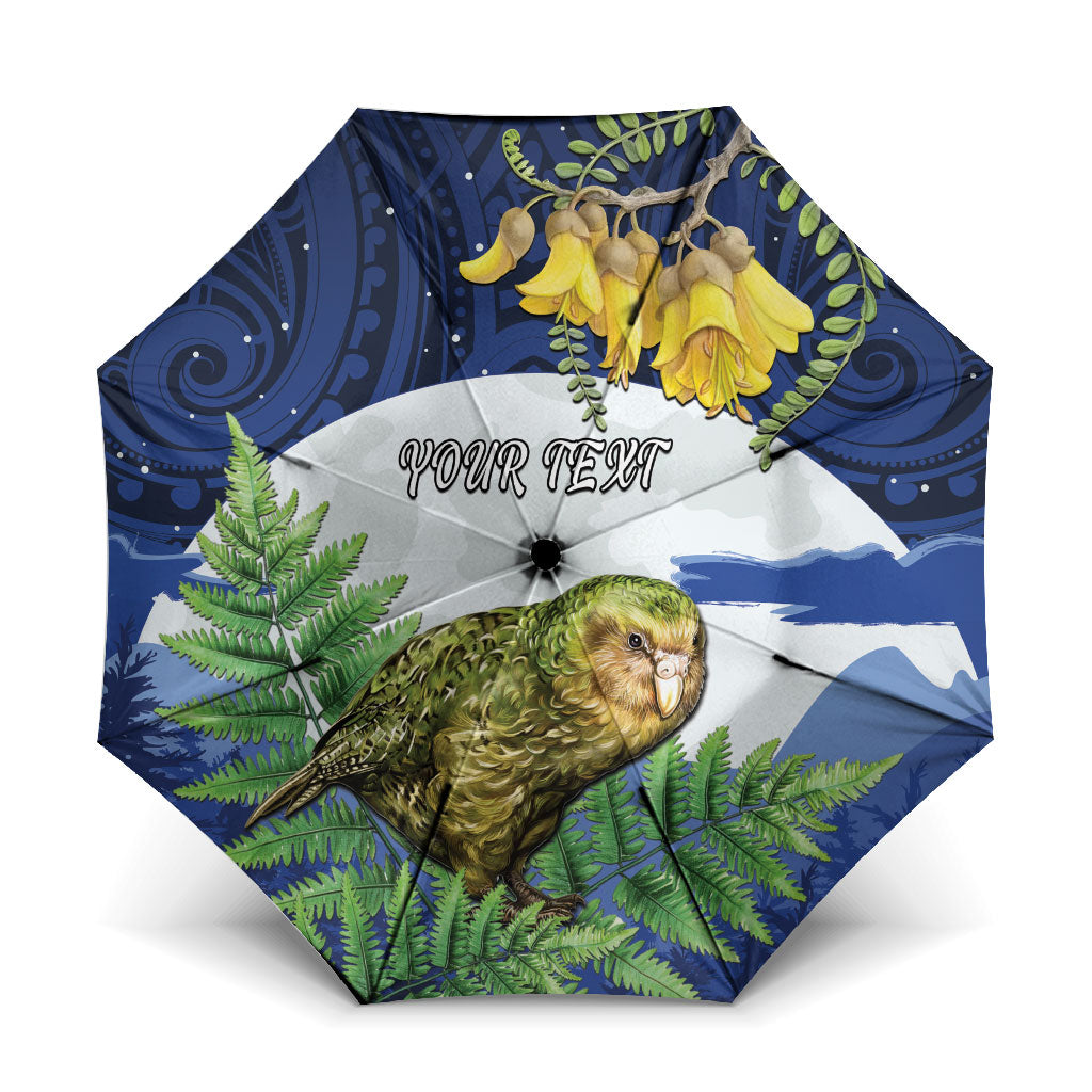 Kakapo New Zealand Personalised Umbrella Kowhai Flower Silver Fern Maori Pattern