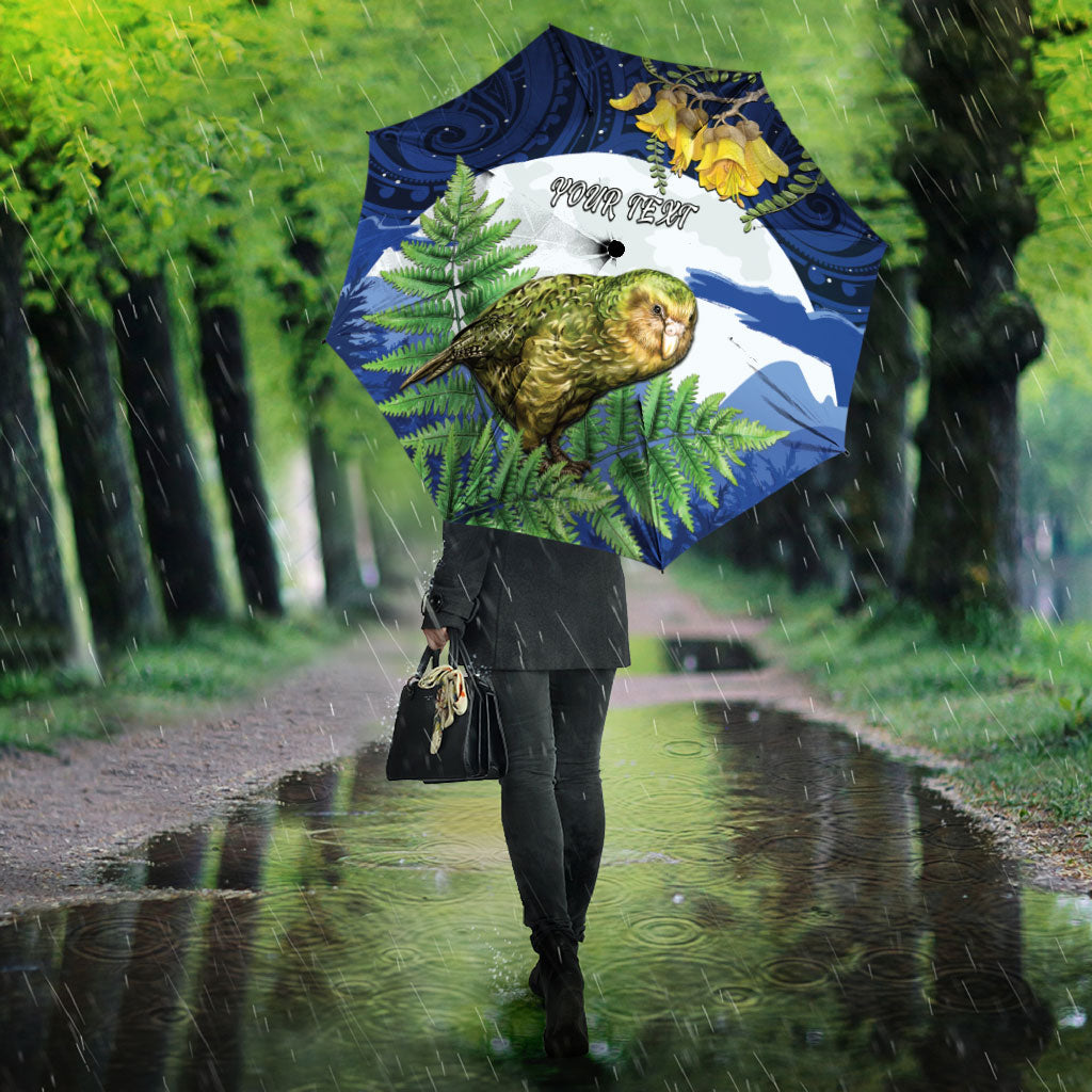Kakapo New Zealand Personalised Umbrella Kowhai Flower Silver Fern Maori Pattern