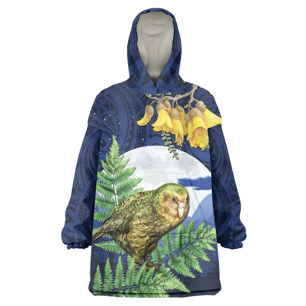 Kakapo New Zealand Personalised Wearable Blanket Hoodie Kowhai Flower Silver Fern Maori Pattern LT22 One Size Blue - Polynesian Pride