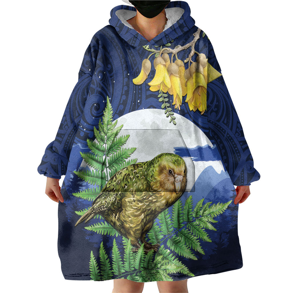 Kakapo New Zealand Personalised Wearable Blanket Hoodie Kowhai Flower Silver Fern Maori Pattern LT22 - Polynesian Pride