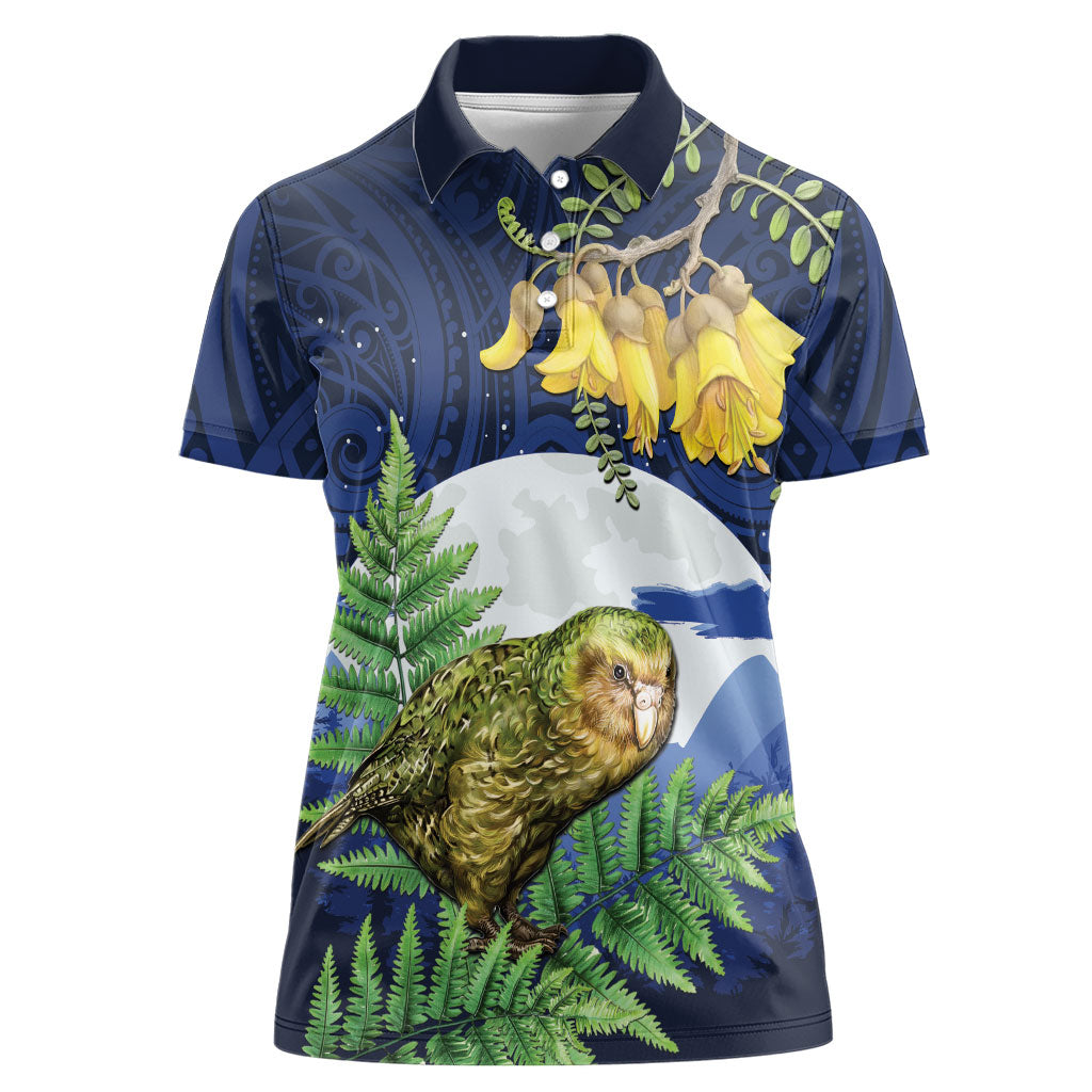Kakapo New Zealand Personalised Women Polo Shirt Kowhai Flower Silver Fern Maori Pattern LT22 Female Blue - Polynesian Pride