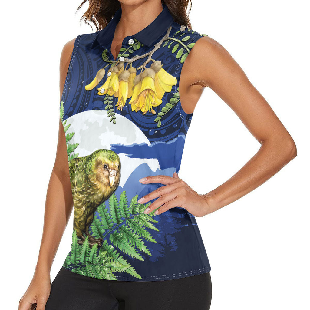 Kakapo New Zealand Personalised Women Sleeveless Polo Shirt Kowhai Flower Silver Fern Maori Pattern LT22 - Polynesian Pride