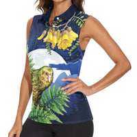 Kakapo New Zealand Personalised Women Sleeveless Polo Shirt Kowhai Flower Silver Fern Maori Pattern LT22 - Polynesian Pride