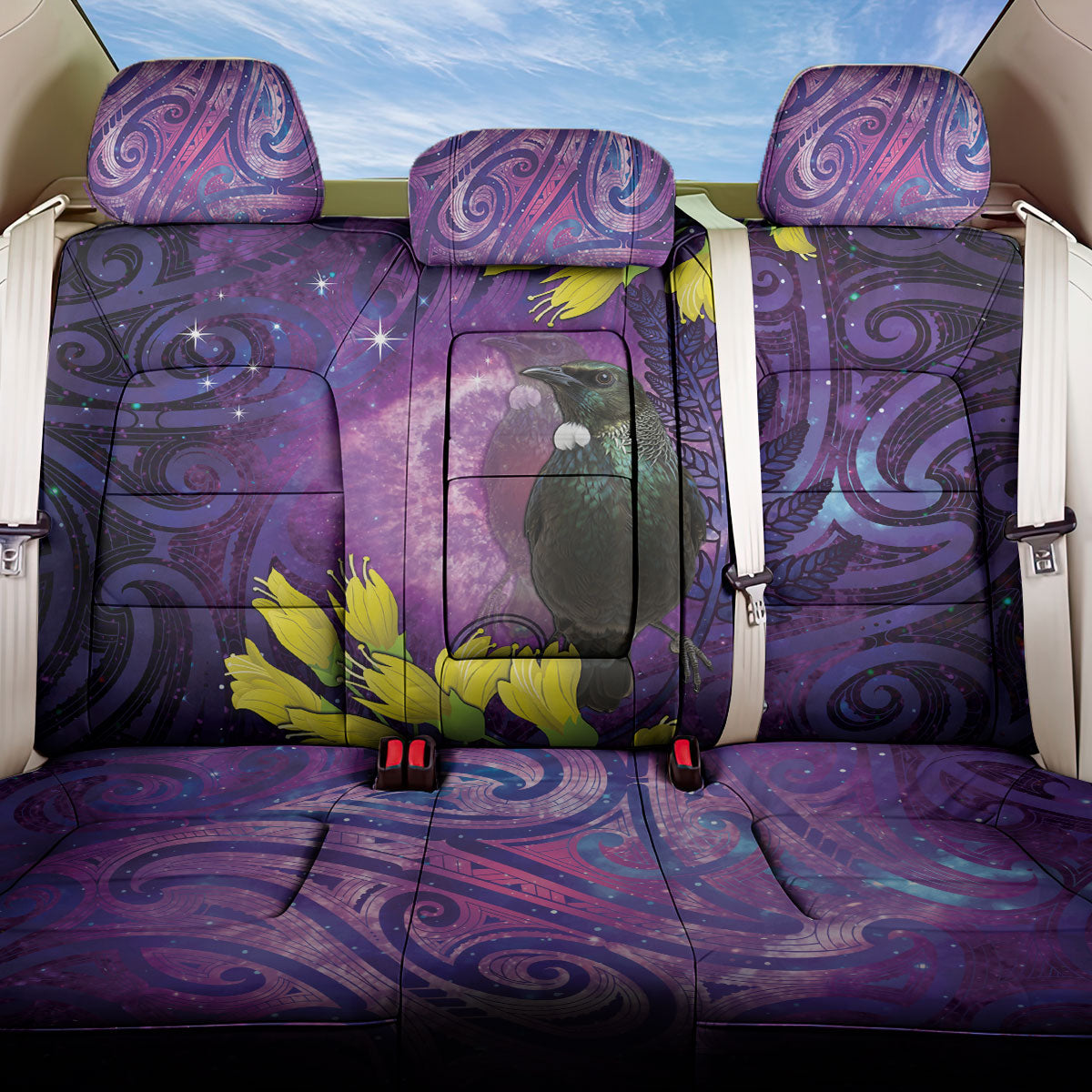 New Zealand Tui Bird Matariki Back Car Seat Cover Kowhai Flower Silver Fern Galaxy Maori Pattern