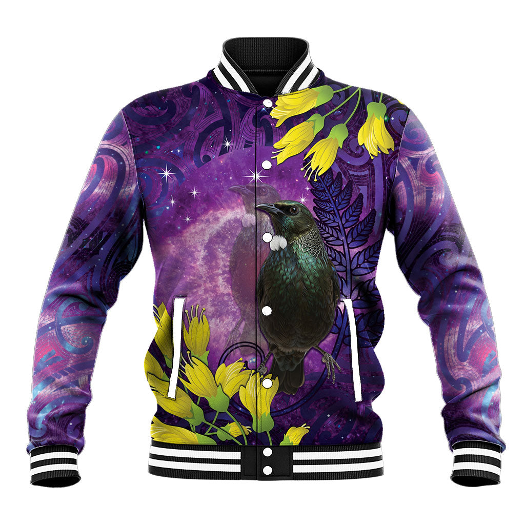 New Zealand Tui Bird Matariki Baseball Jacket Kowhai Flower Silver Fern Galaxy Maori Pattern