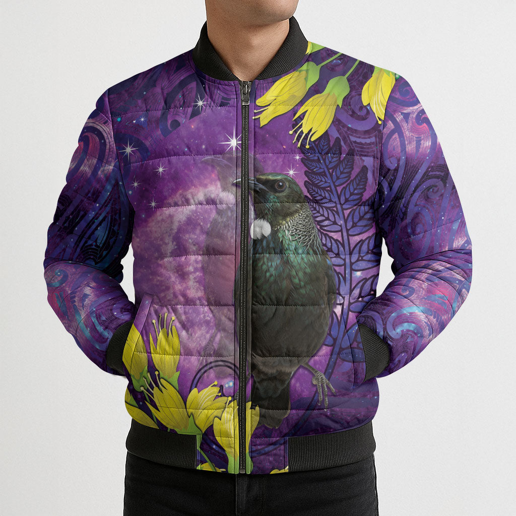 New Zealand Tui Bird Matariki Bomber Puffer Jacket Kowhai Flower Silver Fern Galaxy Maori Pattern