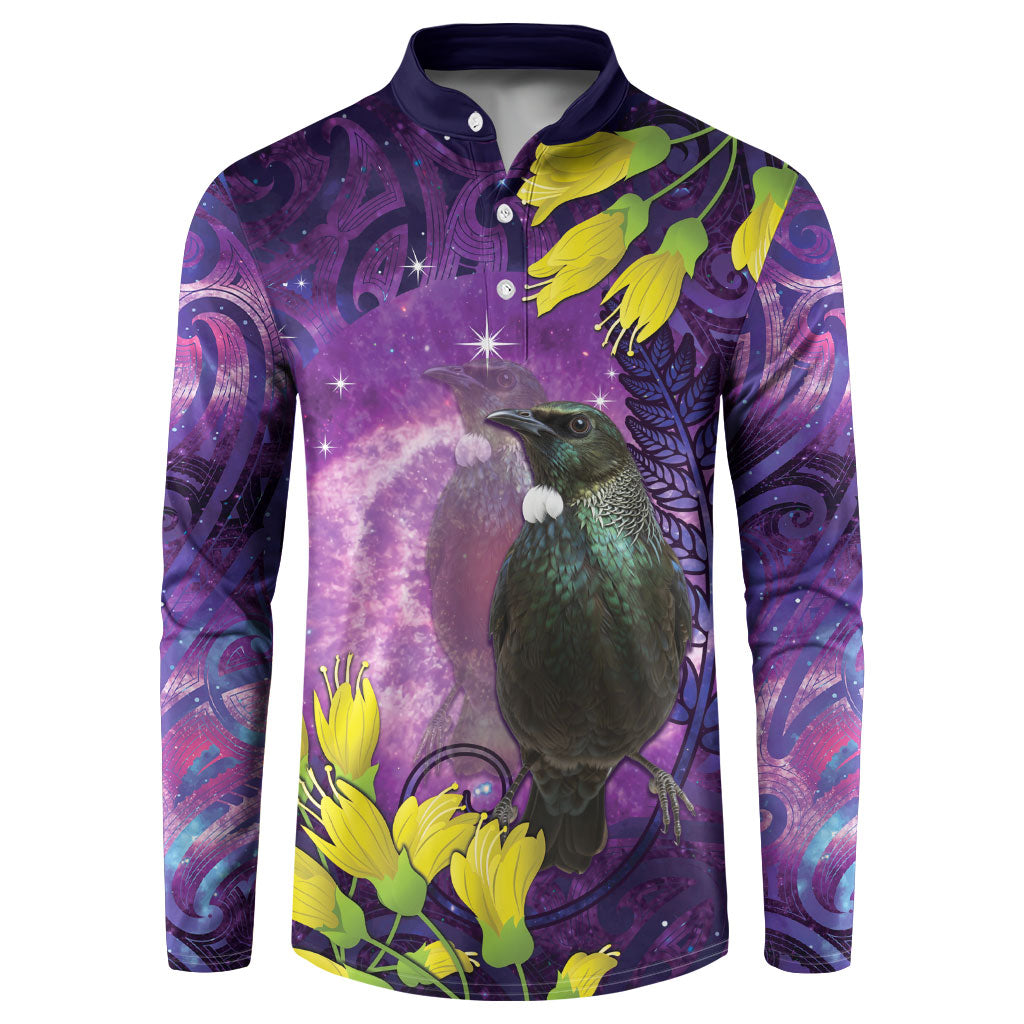 New Zealand Tui Bird Matariki Button Sweatshirt Kowhai Flower Silver Fern Galaxy Maori Pattern