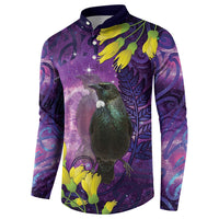 New Zealand Tui Bird Matariki Button Sweatshirt Kowhai Flower Silver Fern Galaxy Maori Pattern