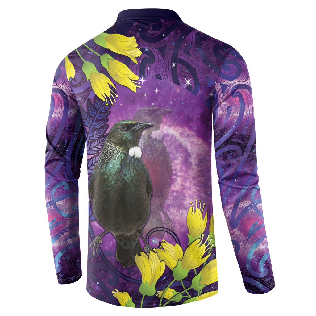 New Zealand Tui Bird Matariki Button Sweatshirt Kowhai Flower Silver Fern Galaxy Maori Pattern