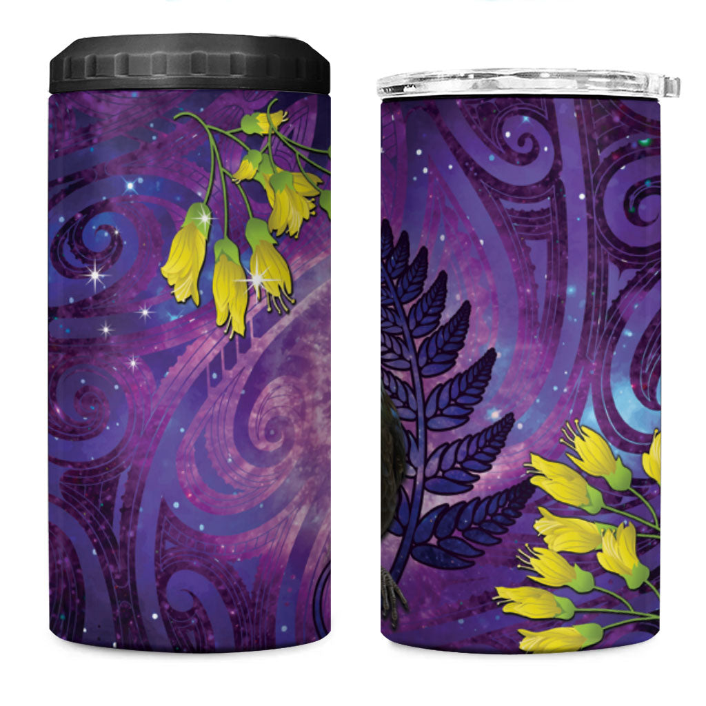 New Zealand Tui Bird Matariki 4 in 1 Can Cooler Tumbler Kowhai Flower Silver Fern Galaxy Maori Pattern
