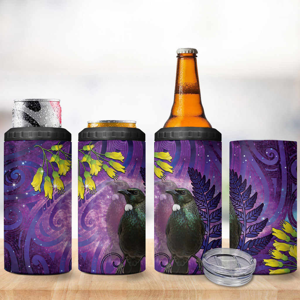 New Zealand Tui Bird Matariki 4 in 1 Can Cooler Tumbler Kowhai Flower Silver Fern Galaxy Maori Pattern
