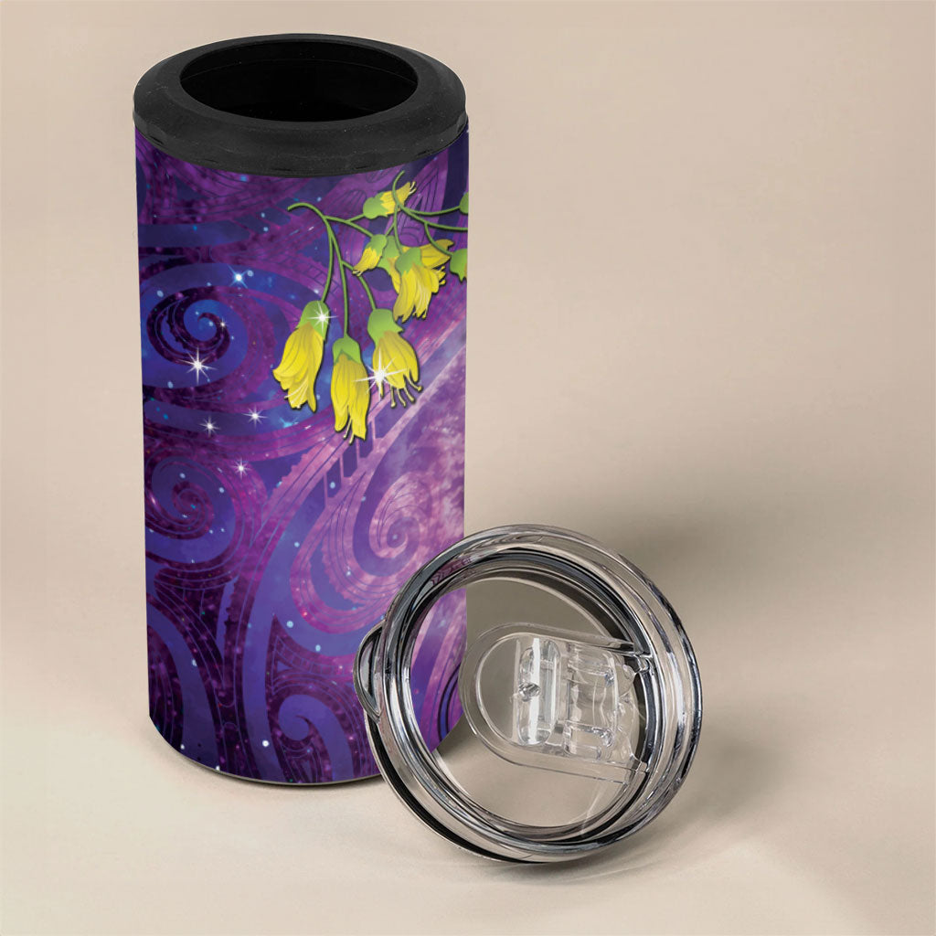 New Zealand Tui Bird Matariki 4 in 1 Can Cooler Tumbler Kowhai Flower Silver Fern Galaxy Maori Pattern