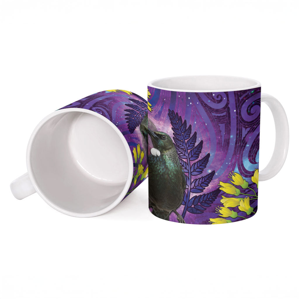 New Zealand Tui Bird Matariki Ceramic Mug Kowhai Flower Silver Fern Galaxy Maori Pattern