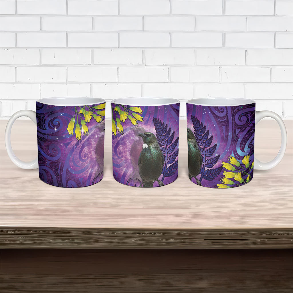 New Zealand Tui Bird Matariki Ceramic Mug Kowhai Flower Silver Fern Galaxy Maori Pattern