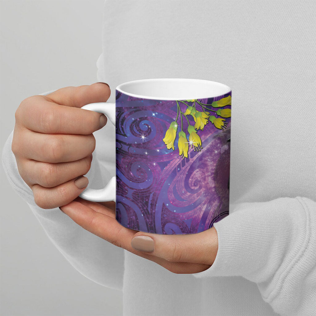 New Zealand Tui Bird Matariki Ceramic Mug Kowhai Flower Silver Fern Galaxy Maori Pattern