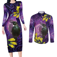 New Zealand Tui Bird Matariki Couples Matching Long Sleeve Bodycon Dress and Long Sleeve Button Shirt Kowhai Flower Silver Fern Galaxy Maori Pattern LT22 Purple - Polynesian Pride