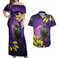 New Zealand Tui Bird Matariki Couples Matching Off Shoulder Maxi Dress and Hawaiian Shirt Kowhai Flower Silver Fern Galaxy Maori Pattern LT22 Purple - Polynesian Pride