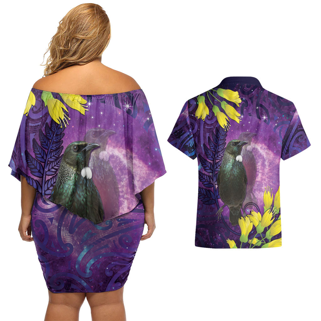 New Zealand Tui Bird Matariki Couples Matching Off Shoulder Short Dress and Hawaiian Shirt Kowhai Flower Silver Fern Galaxy Maori Pattern LT22 - Polynesian Pride