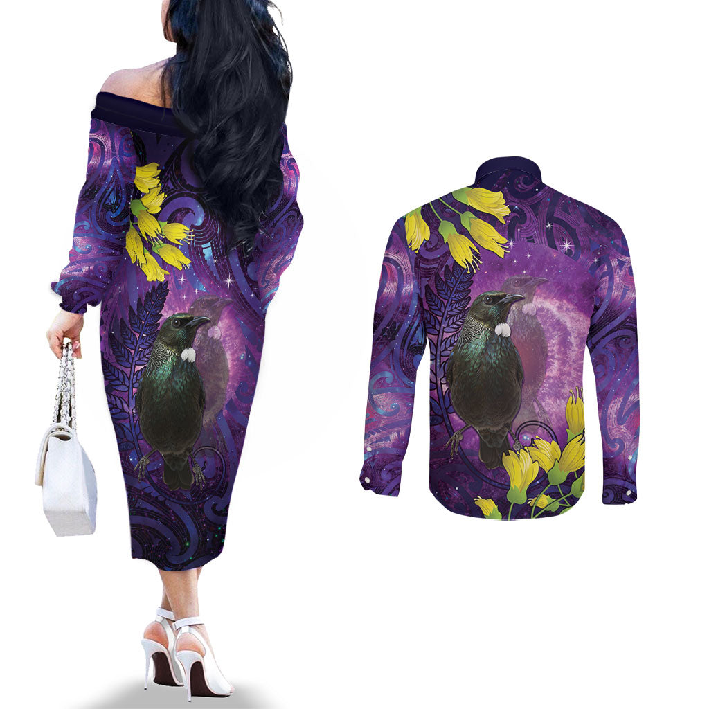 New Zealand Tui Bird Matariki Couples Matching Off The Shoulder Long Sleeve Dress and Long Sleeve Button Shirt Kowhai Flower Silver Fern Galaxy Maori Pattern LT22 - Polynesian Pride