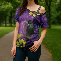 New Zealand Tui Bird Matariki Cross Shoulder Shirt Kowhai Flower Silver Fern Galaxy Maori Pattern