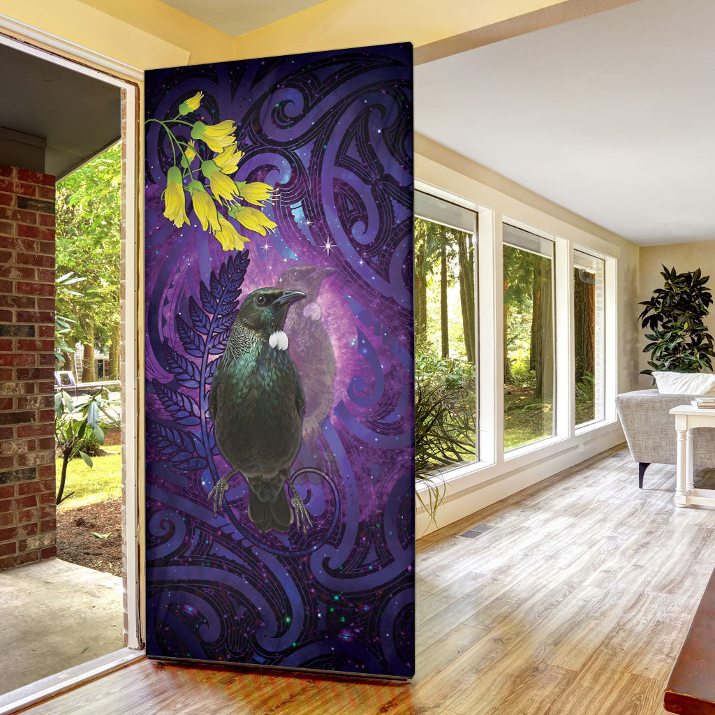 New Zealand Tui Bird Matariki Door Cover Kowhai Flower Silver Fern Galaxy Maori Pattern