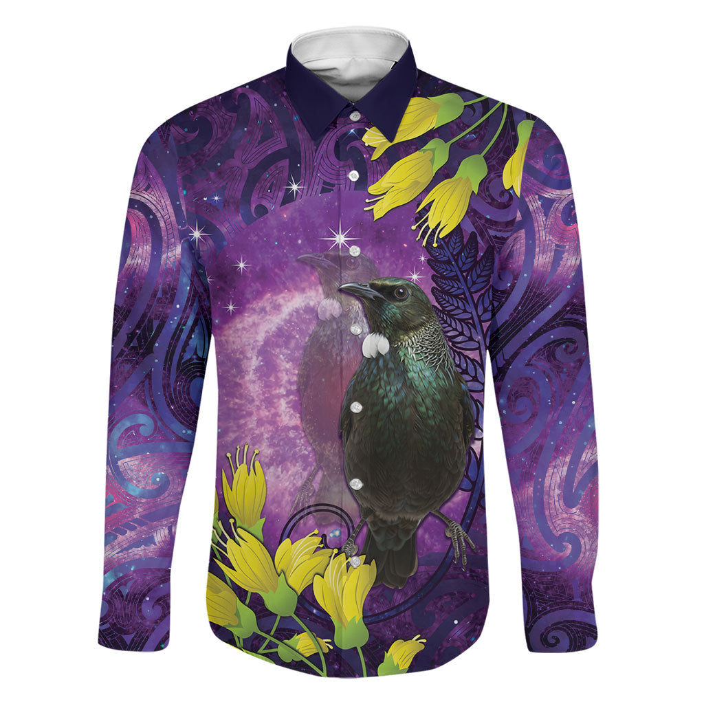 New Zealand Tui Bird Matariki Family Matching Mermaid Dress and Hawaiian Shirt Kowhai Flower Silver Fern Galaxy Maori Pattern LT22 Dad's Shirt - Long Sleeve Purple - Polynesian Pride