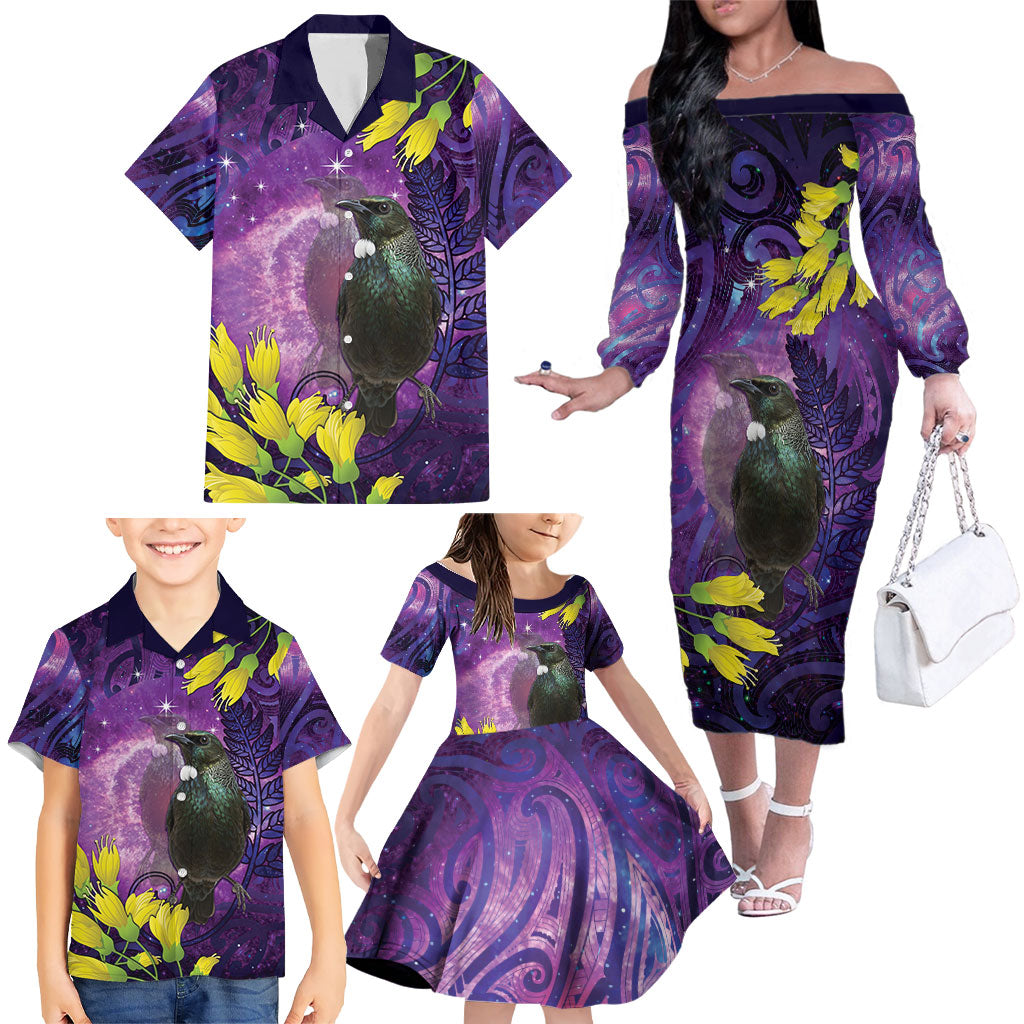 New Zealand Tui Bird Matariki Family Matching Off The Shoulder Long Sleeve Dress and Hawaiian Shirt Kowhai Flower Silver Fern Galaxy Maori Pattern