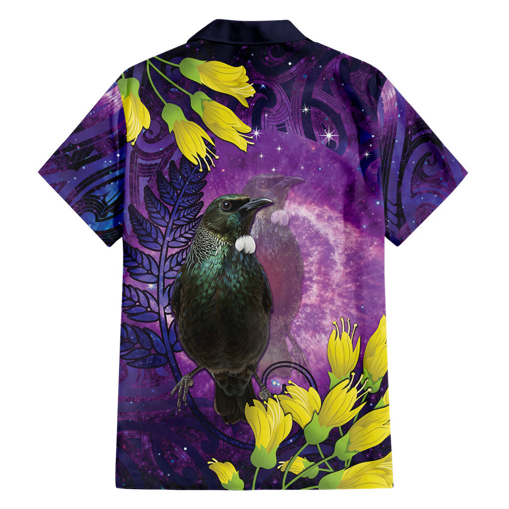 New Zealand Tui Bird Matariki Family Matching Off The Shoulder Long Sleeve Dress and Hawaiian Shirt Kowhai Flower Silver Fern Galaxy Maori Pattern LT22 - Polynesian Pride