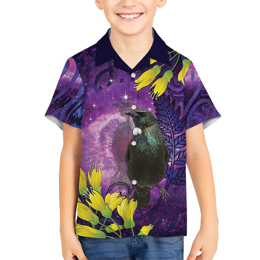 New Zealand Tui Bird Matariki Family Matching Off The Shoulder Long Sleeve Dress and Hawaiian Shirt Kowhai Flower Silver Fern Galaxy Maori Pattern LT22 Son's Shirt Purple - Polynesian Pride