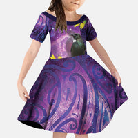 New Zealand Tui Bird Matariki Family Matching Off Shoulder Maxi Dress and Hawaiian Shirt Kowhai Flower Silver Fern Galaxy Maori Pattern LT22 Daughter's Dress Purple - Polynesian Pride