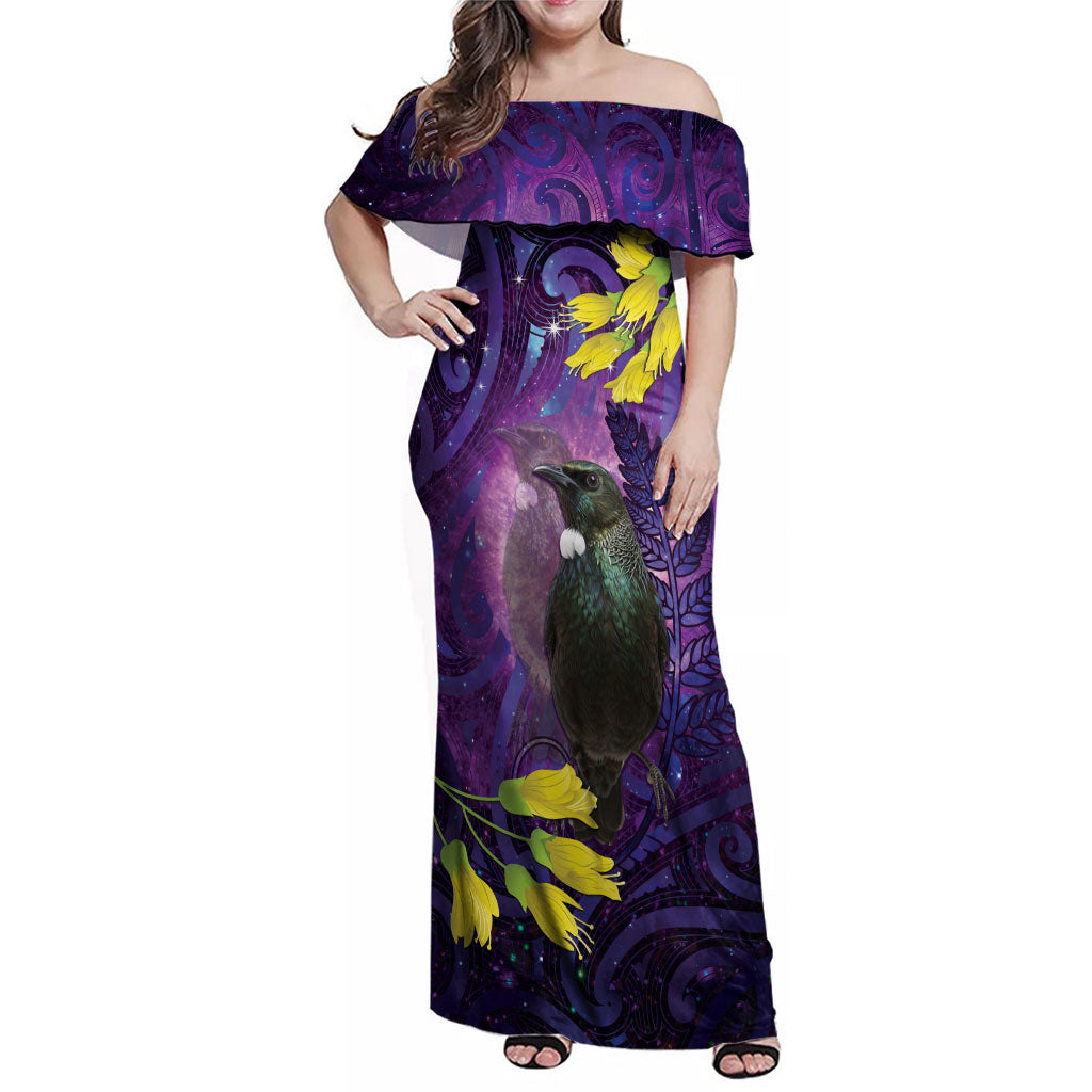 New Zealand Tui Bird Matariki Family Matching Off Shoulder Maxi Dress and Hawaiian Shirt Kowhai Flower Silver Fern Galaxy Maori Pattern LT22 Mom's Dress Purple - Polynesian Pride