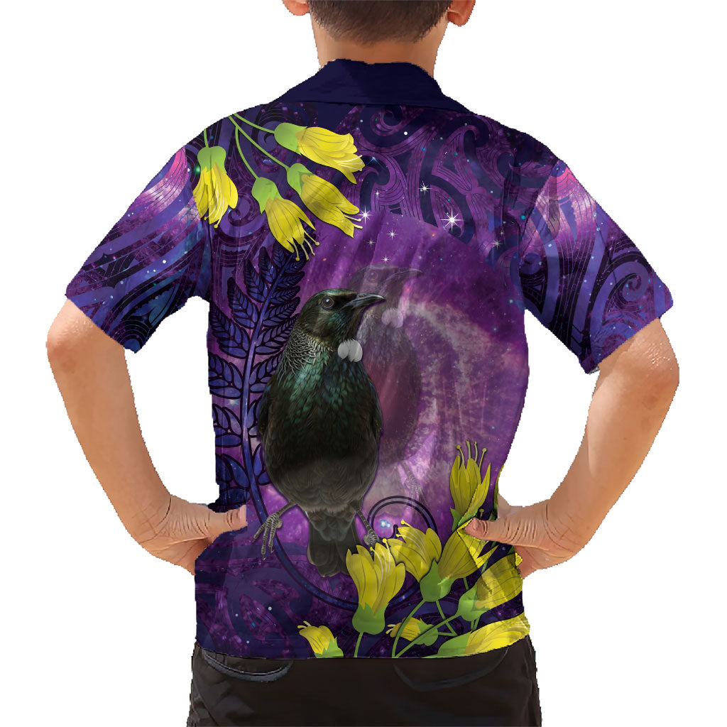 New Zealand Tui Bird Matariki Family Matching Off Shoulder Short Dress and Hawaiian Shirt Kowhai Flower Silver Fern Galaxy Maori Pattern LT22 - Polynesian Pride