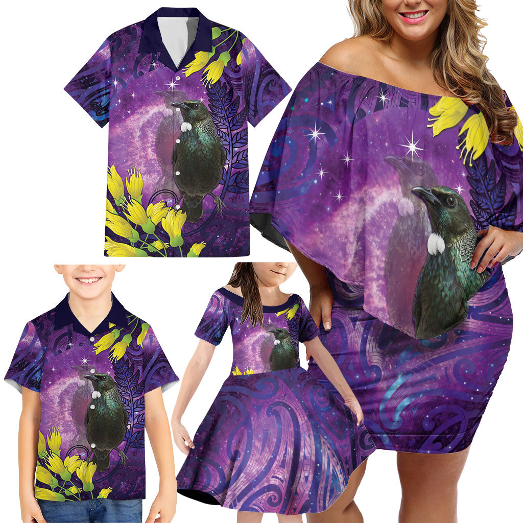New Zealand Tui Bird Matariki Family Matching Off Shoulder Short Dress and Hawaiian Shirt Kowhai Flower Silver Fern Galaxy Maori Pattern LT22 - Polynesian Pride