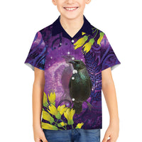 New Zealand Tui Bird Matariki Family Matching Puletasi and Hawaiian Shirt Kowhai Flower Silver Fern Galaxy Maori Pattern LT22 Son's Shirt Purple - Polynesian Pride