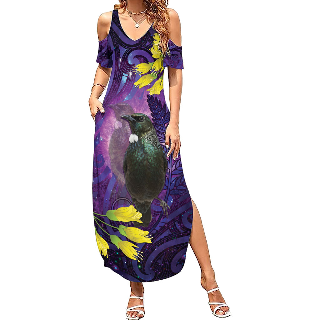 New Zealand Tui Bird Matariki Family Matching Summer Maxi Dress and Hawaiian Shirt Kowhai Flower Silver Fern Galaxy Maori Pattern LT22 Mom's Dress Purple - Polynesian Pride