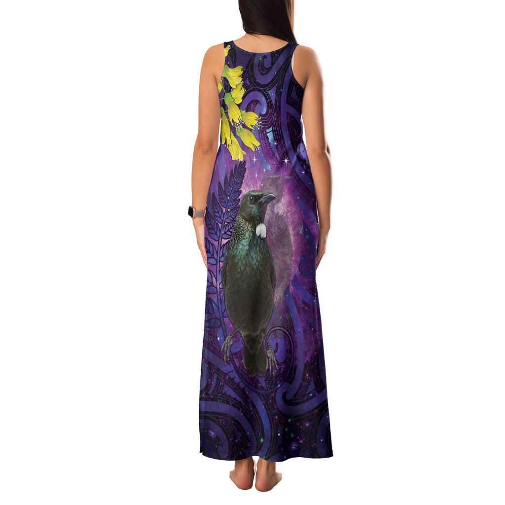 New Zealand Tui Bird Matariki Family Matching Tank Maxi Dress and Hawaiian Shirt Kowhai Flower Silver Fern Galaxy Maori Pattern LT22 - Polynesian Pride