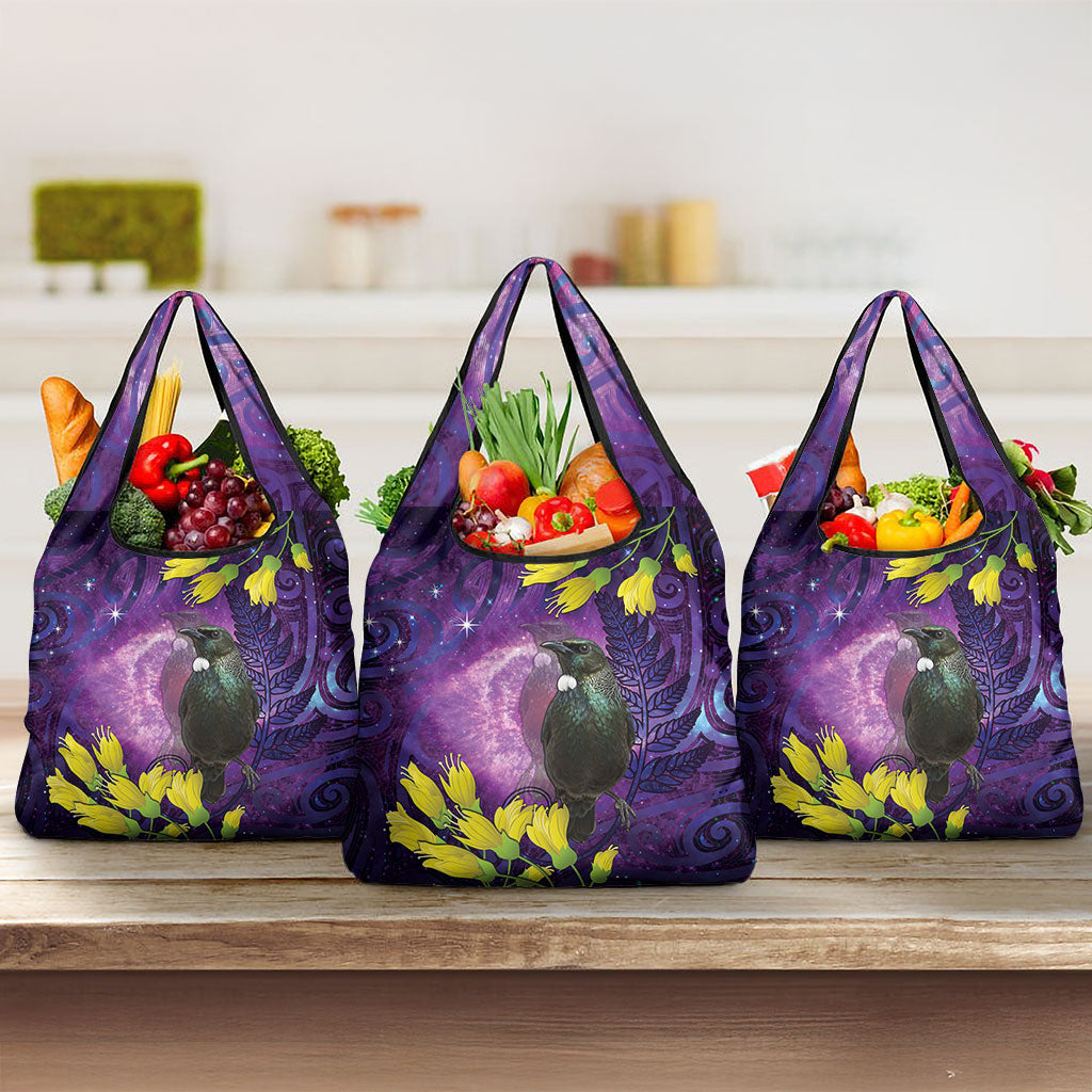 New Zealand Tui Bird Matariki Grocery Bag Kowhai Flower Silver Fern Galaxy Maori Pattern