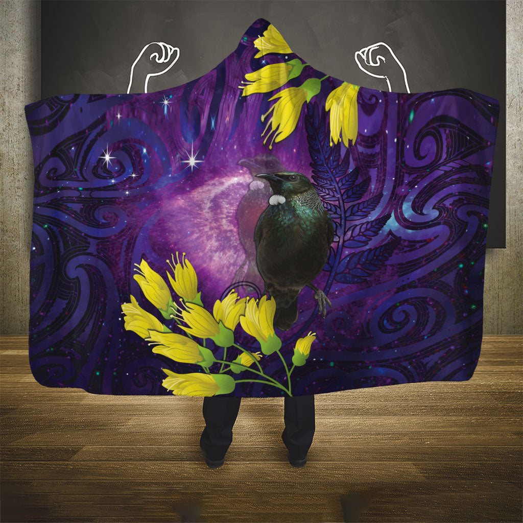 New Zealand Tui Bird Matariki Hooded Blanket Kowhai Flower Silver Fern Galaxy Maori Pattern