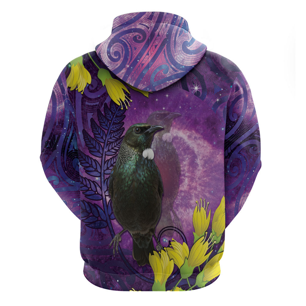 New Zealand Tui Bird Matariki Hoodie Kowhai Flower Silver Fern Galaxy Maori Pattern