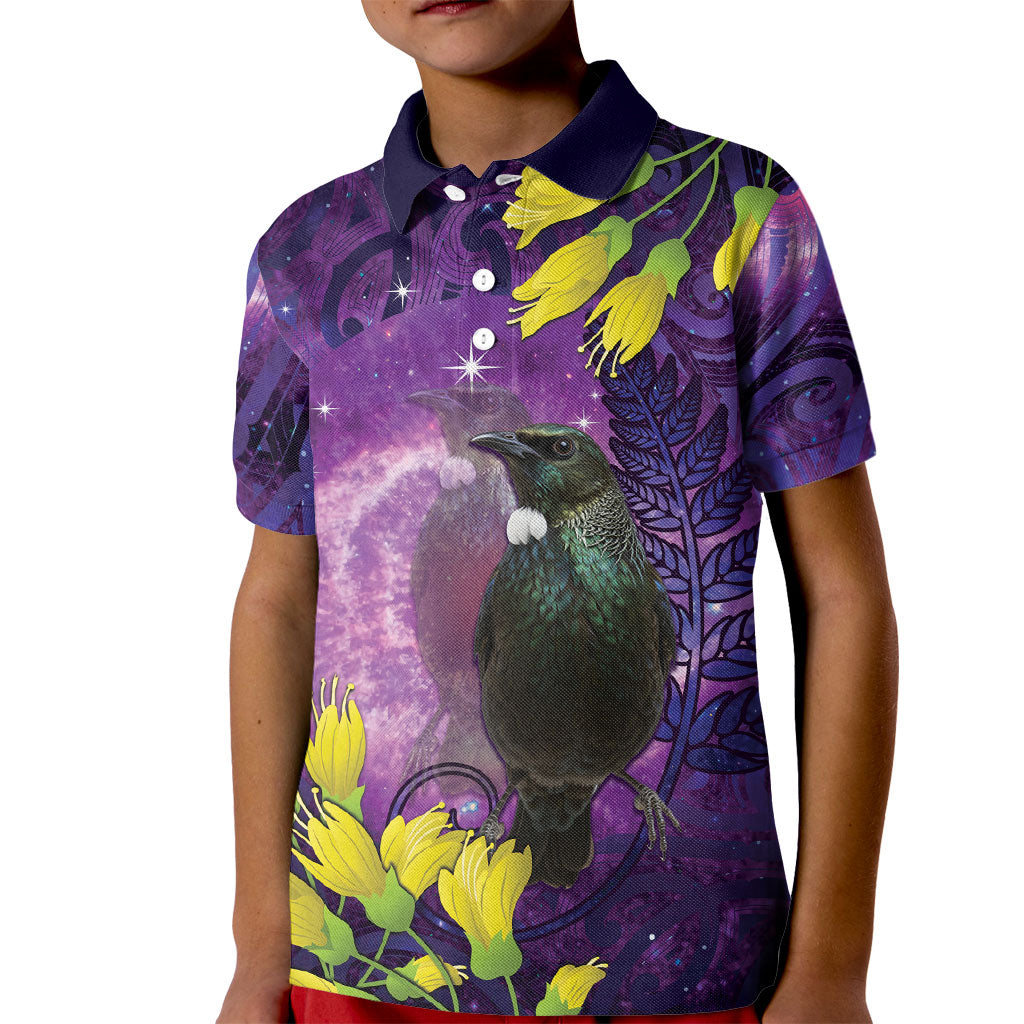 New Zealand Tui Bird Matariki Kid Polo Shirt Kowhai Flower Silver Fern Galaxy Maori Pattern