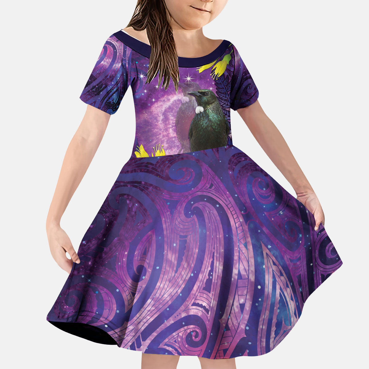 New Zealand Tui Bird Matariki Kid Short Sleeve Dress Kowhai Flower Silver Fern Galaxy Maori Pattern LT22 KID Purple - Polynesian Pride