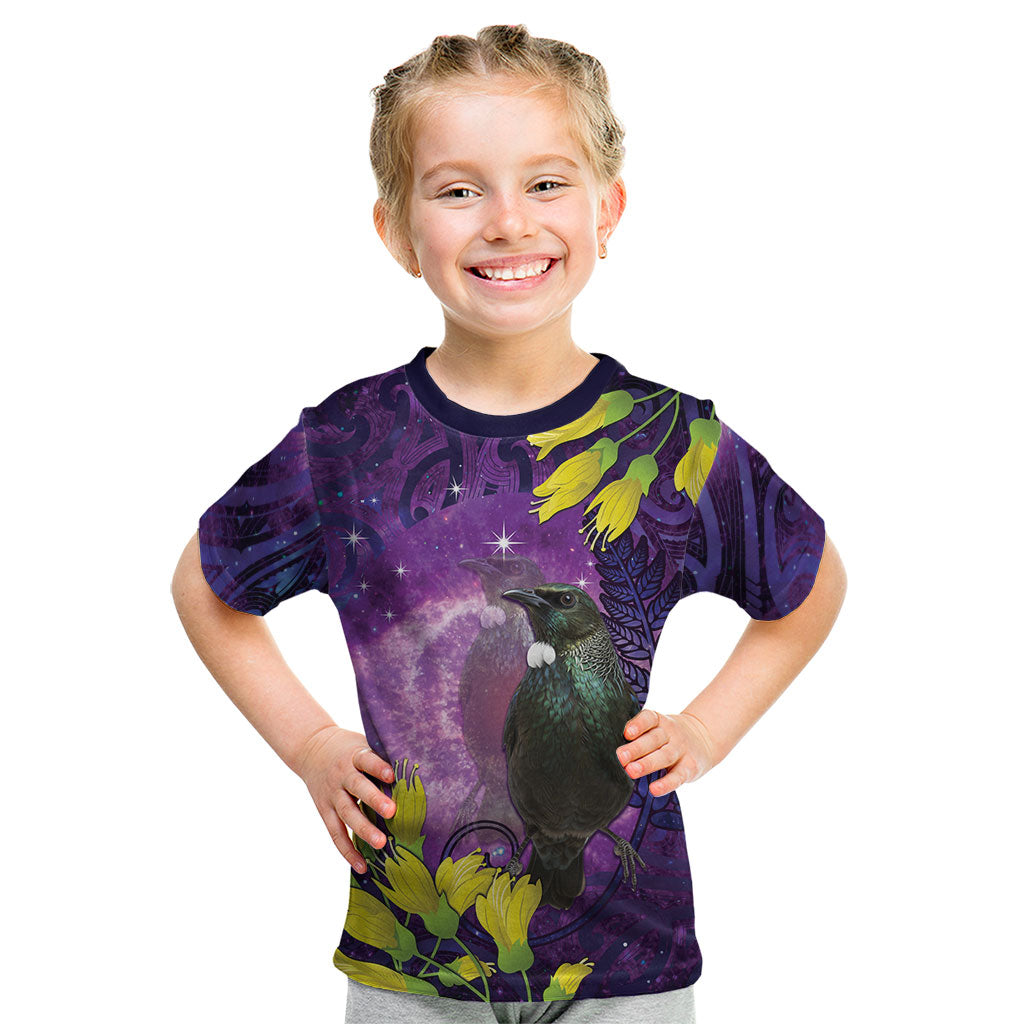 New Zealand Tui Bird Matariki Kid T Shirt Kowhai Flower Silver Fern Galaxy Maori Pattern