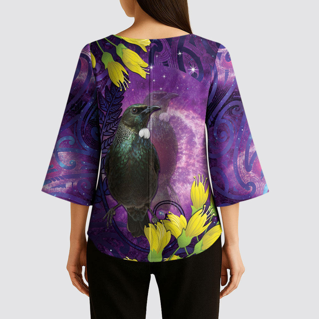 New Zealand Tui Bird Matariki Kimono Sleeve Blouse Kowhai Flower Silver Fern Galaxy Maori Pattern