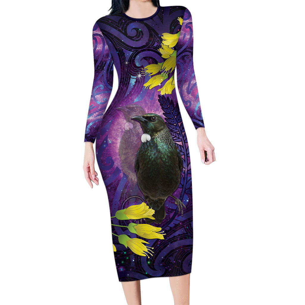 New Zealand Tui Bird Matariki Long Sleeve Bodycon Dress Kowhai Flower Silver Fern Galaxy Maori Pattern