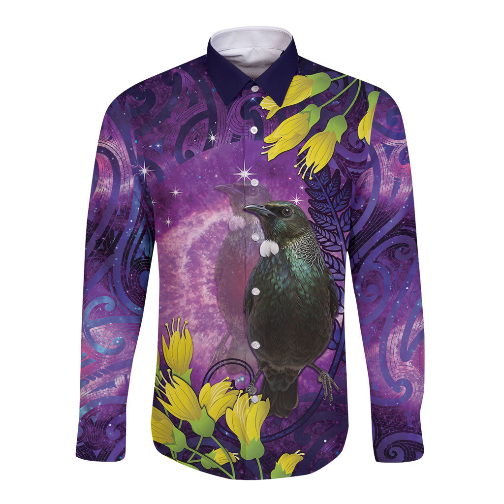 New Zealand Tui Bird Matariki Long Sleeve Button Shirt Kowhai Flower Silver Fern Galaxy Maori Pattern