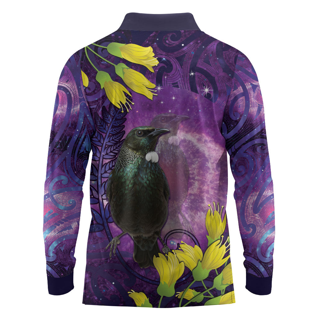 New Zealand Tui Bird Matariki Long Sleeve Polo Shirt Kowhai Flower Silver Fern Galaxy Maori Pattern LT22 - Polynesian Pride