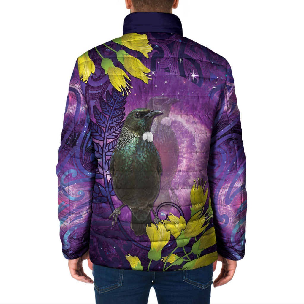 New Zealand Tui Bird Matariki Padded Jacket Kowhai Flower Silver Fern Galaxy Maori Pattern